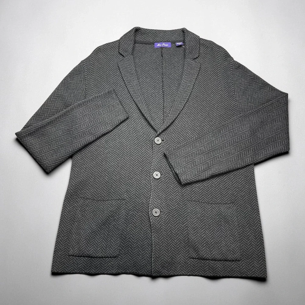Alan Flusser Mens Grey Herringbone Knit Grandpa Cardigan Sweater Size M Cotton